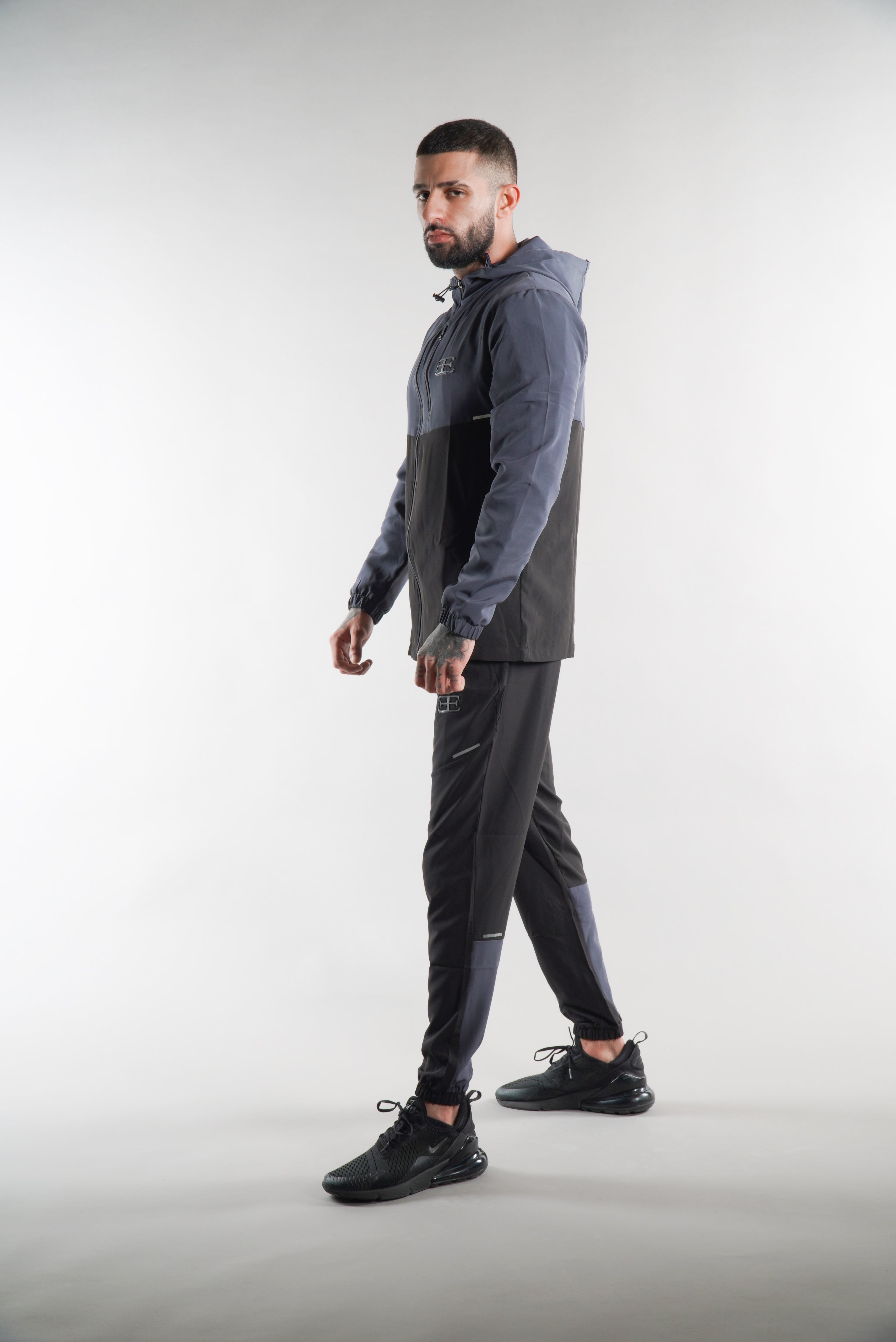 Elegante's Black Grey Hooded Tracksuit Jacket for men, sportswear, activewear for men