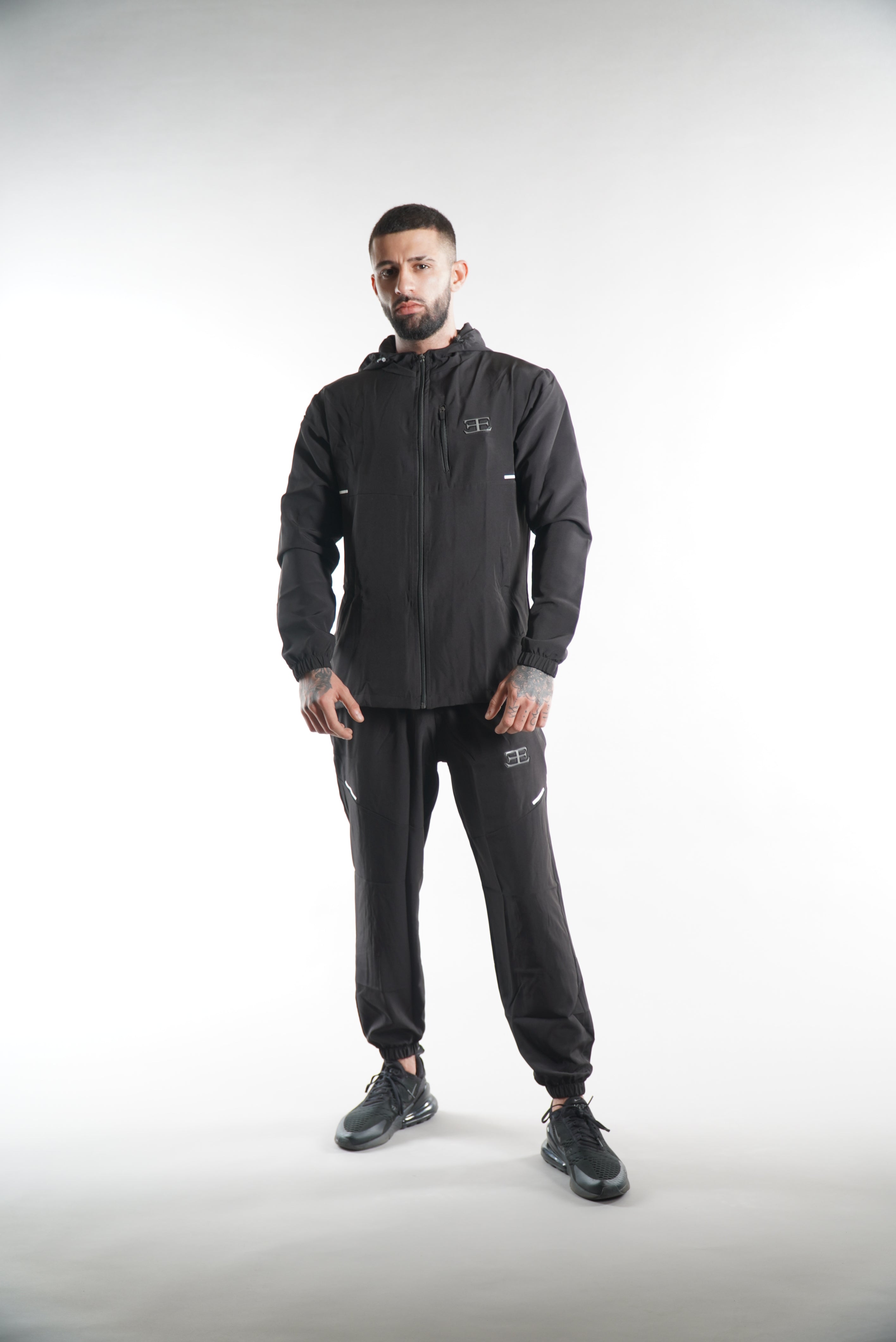 Elegante's Black Hooded Tracksuit Jacket, activewear for men, sportswear clothing