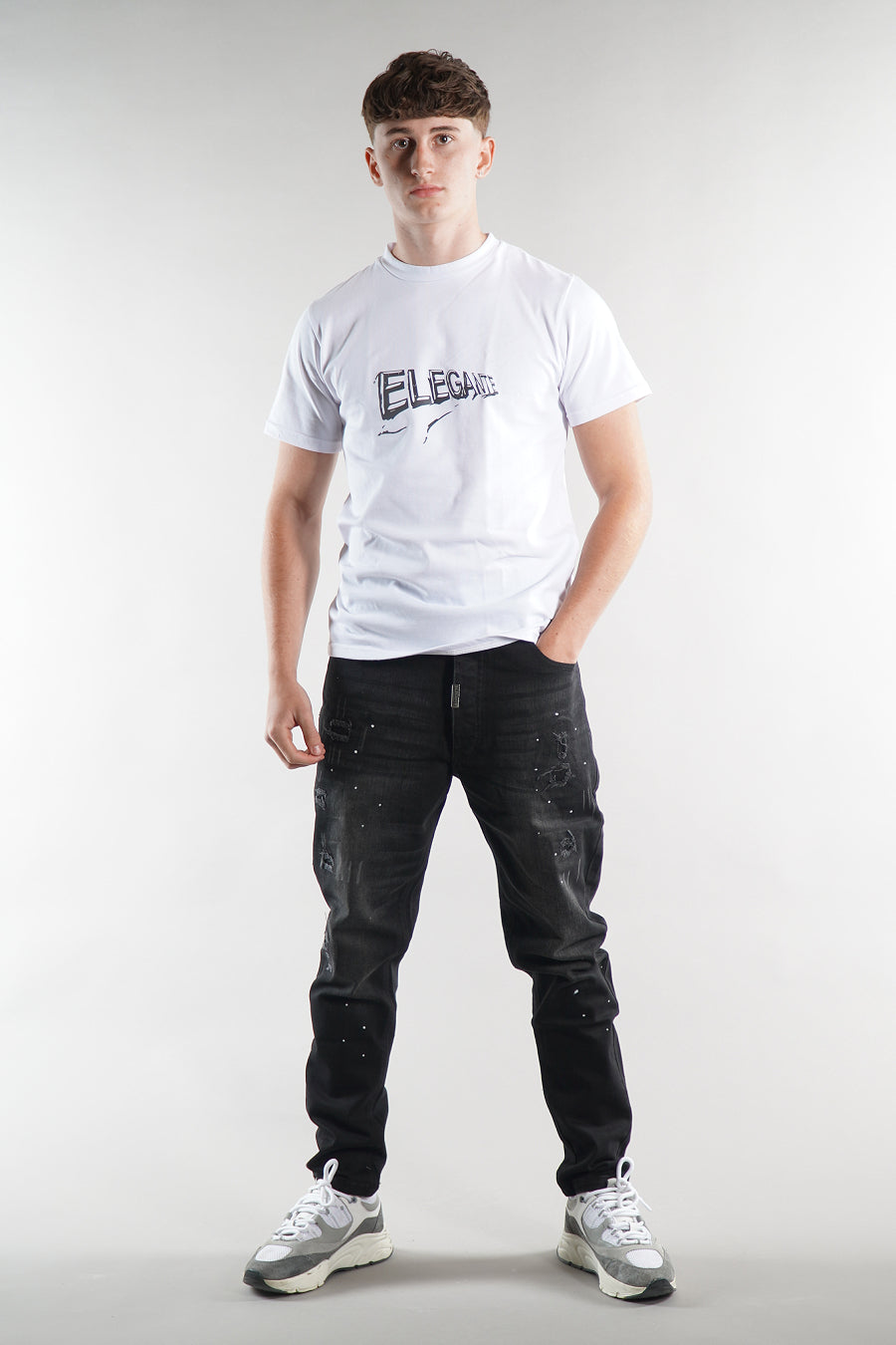 mean wearing Black Denim Jeans on white background