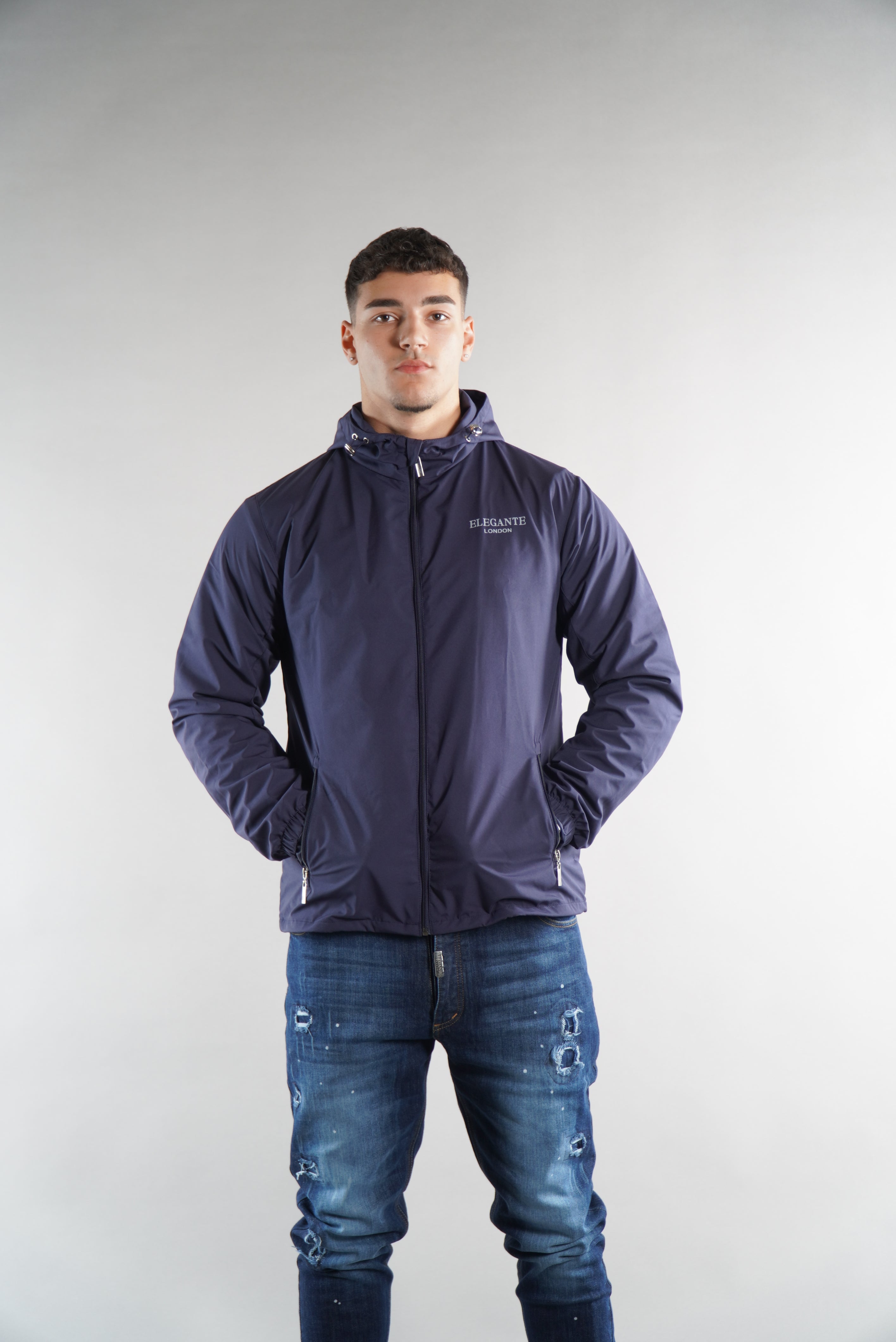 Men's Elegante Navy Tracksuit Jacket, a waterproof jacket, stylish sportswear, designer streetwear, windbreaker for men
