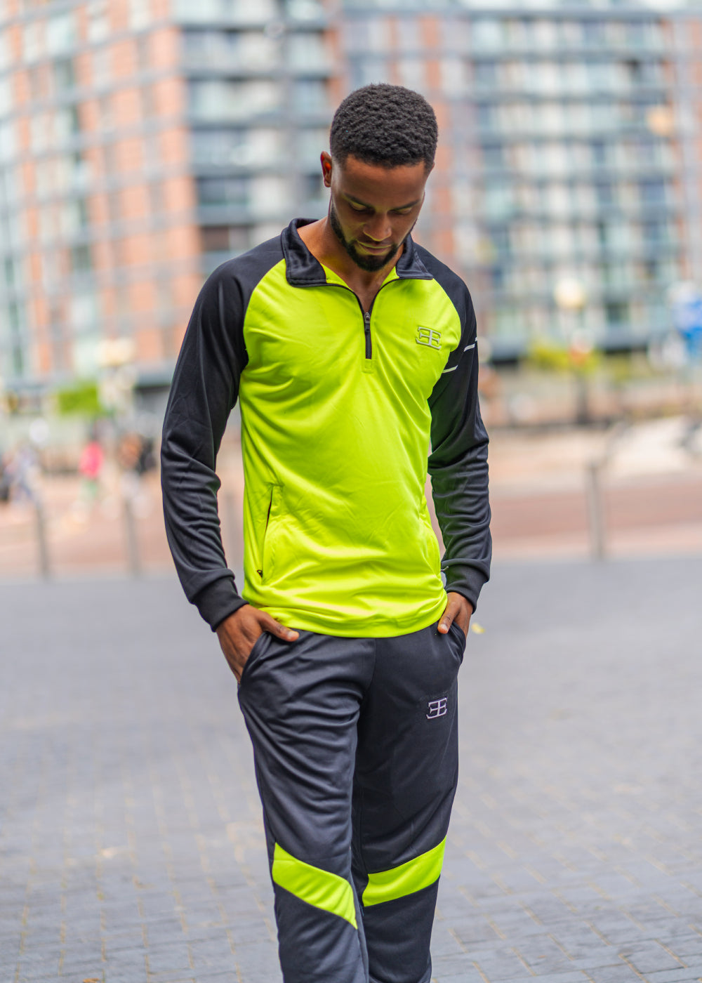 tracksuit top and joggers for men in black and neon green